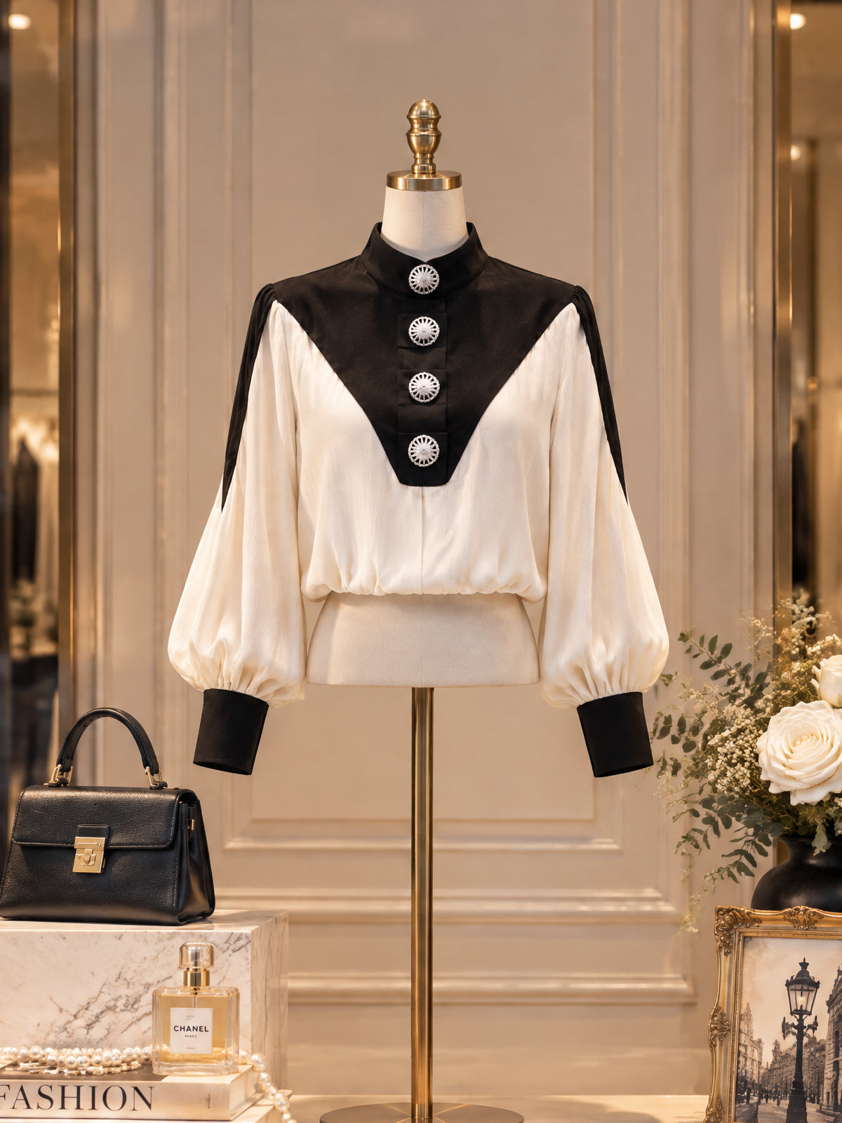 Vintage Colorblock Stand-Collar Blouse