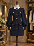 Vintage Contrast White Collar Puff Sleeve Gold Button Mini Dress