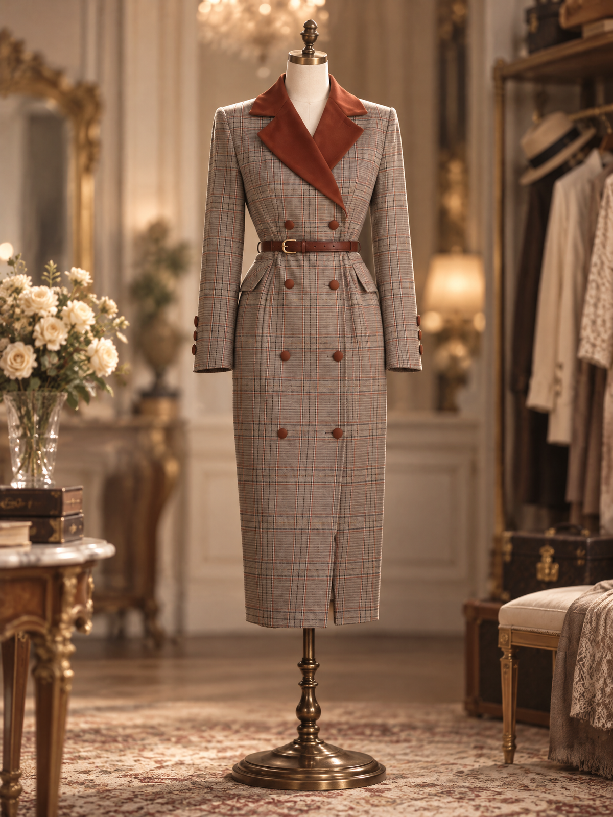 Vintage Contrast Color Collar Belted Split Hem Blazer Style Midi Dress
