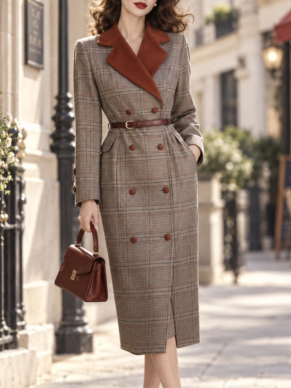 Vintage Contrast Color Collar Belted Split Hem Blazer Style Midi Dress