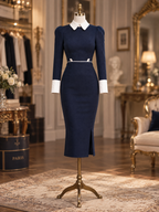 Vintage Contrast White Collar Puff Sleeve Slit Midi Dress
