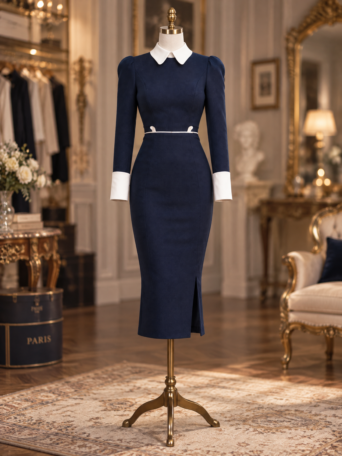 Vintage Contrast White Collar Puff Sleeve Slit Midi Dress