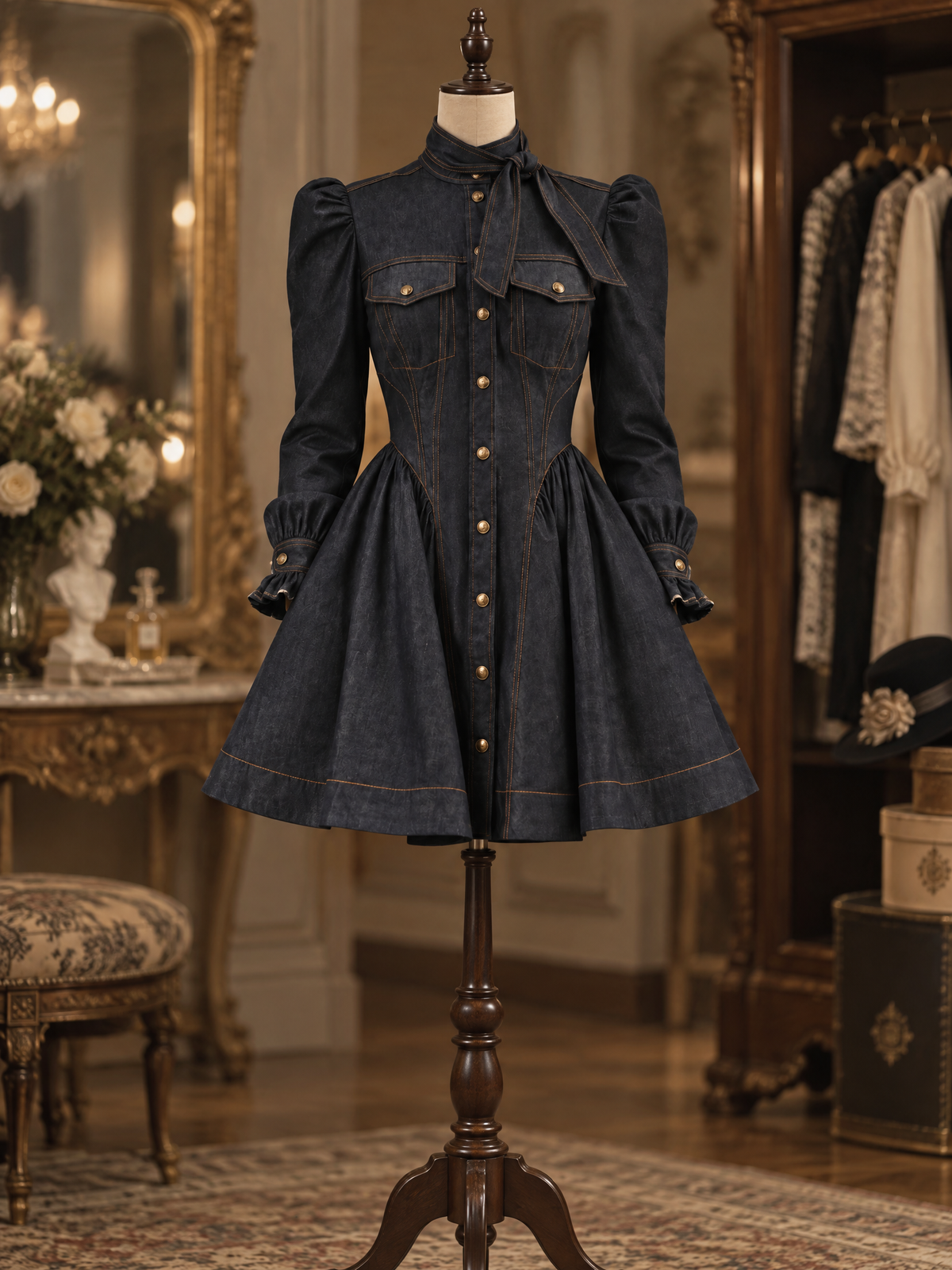 Vintage Neck Tie Puff Sleeve Gold Button Flared Mini Dress