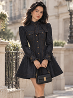 Vintage Neck Tie Puff Sleeve Gold Button Flared Mini Dress
