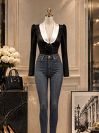 Vintage Rosette Shawl-Collar Plunge Velvet Top