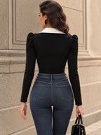 Vintage Rosette Shawl-Collar Plunge Velvet Top