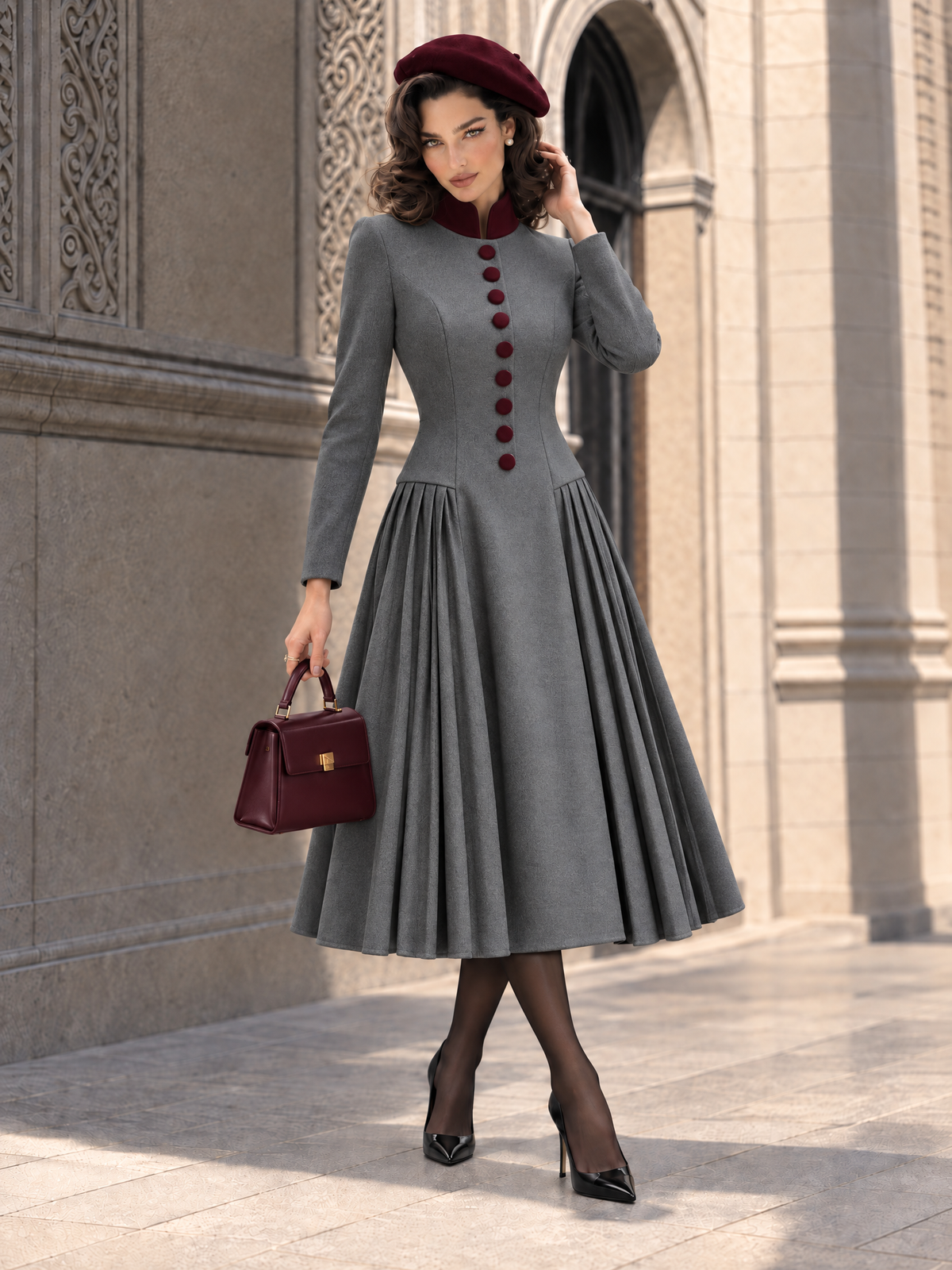 Vintage Color Block Pleated Wool Blend Midi Dress