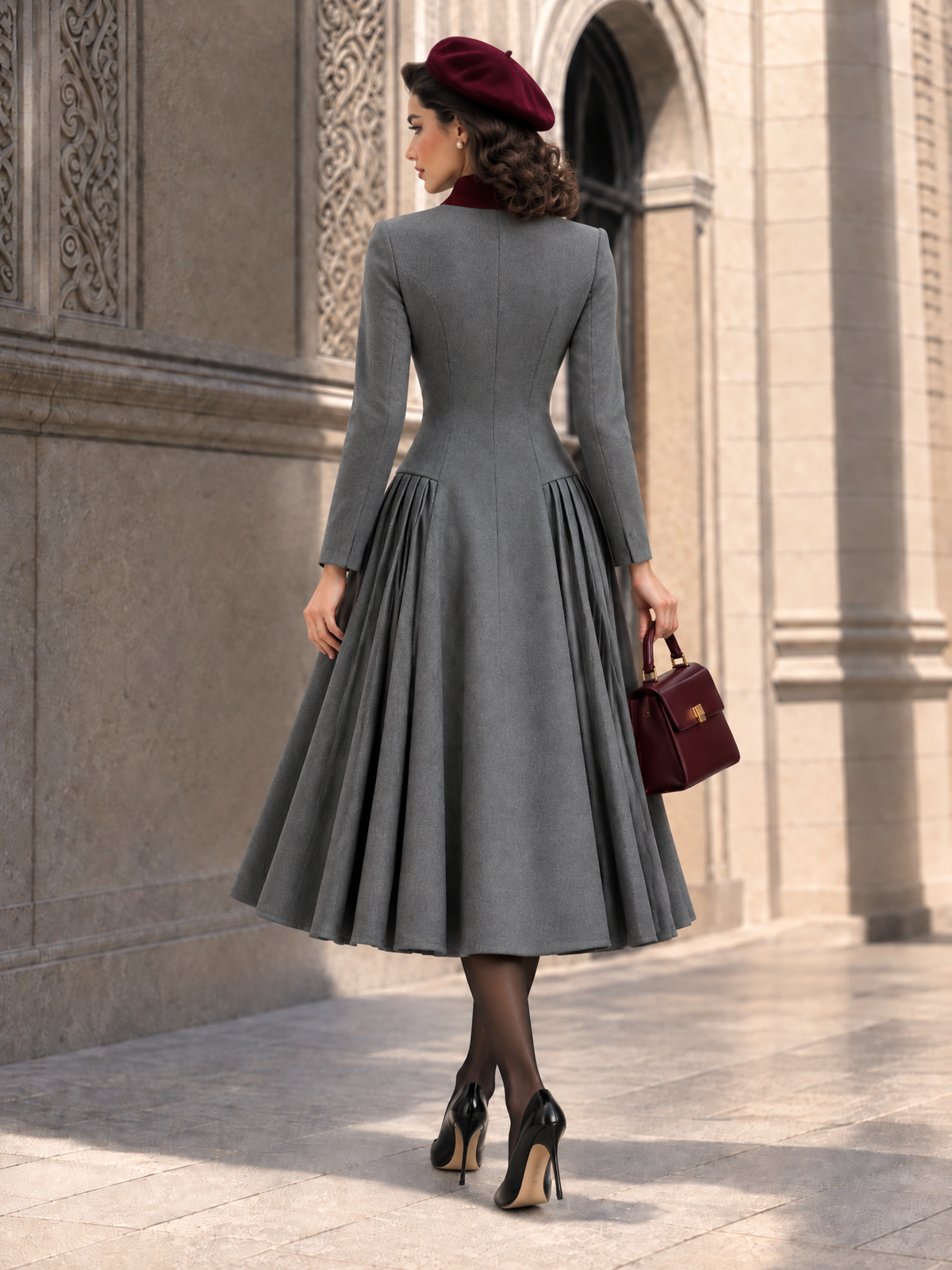Vintage Color Block Pleated Wool Blend Midi Dress