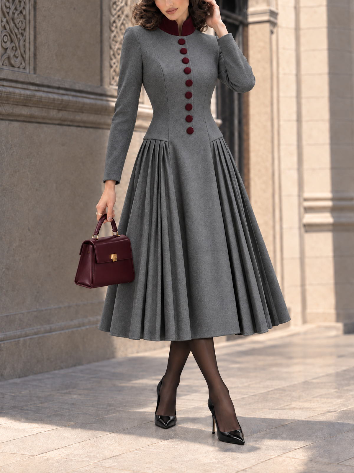 Vintage Color Block Pleated Wool Blend Midi Dress