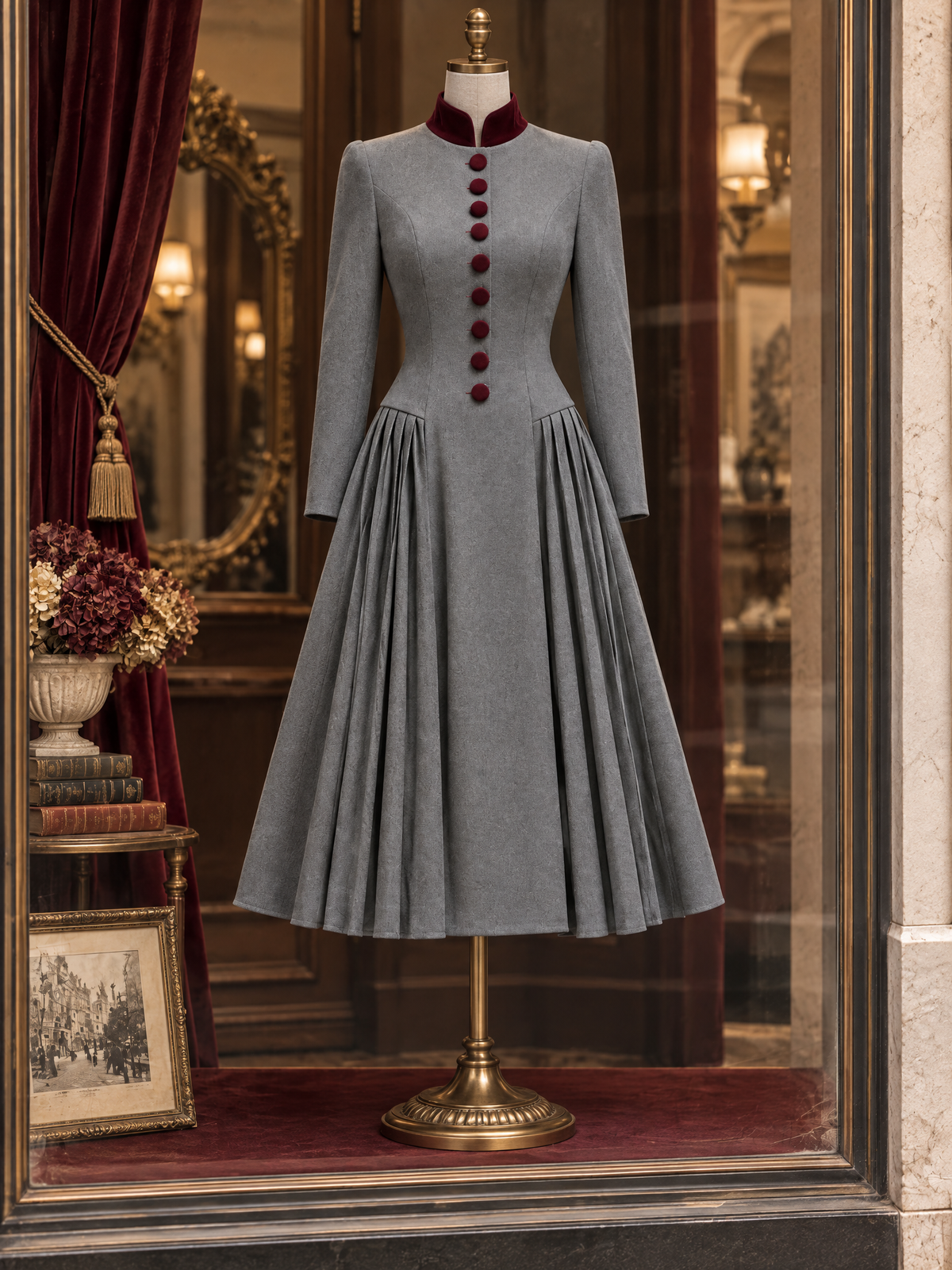 Vintage Color Block Pleated Wool Blend Midi Dress