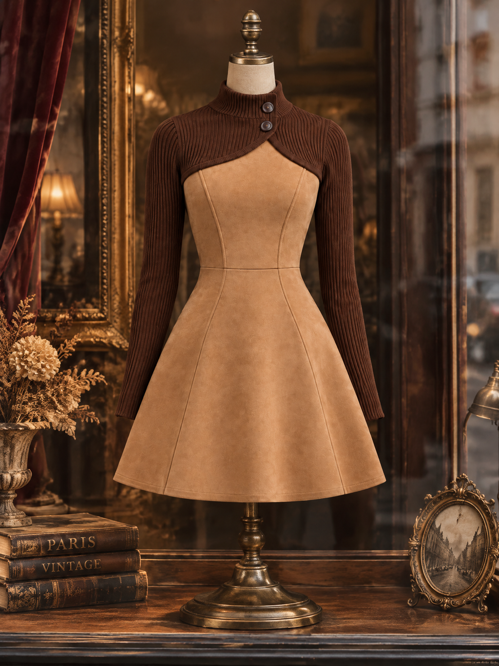 Vintage Knit Faux Suede Panel Mini Dress