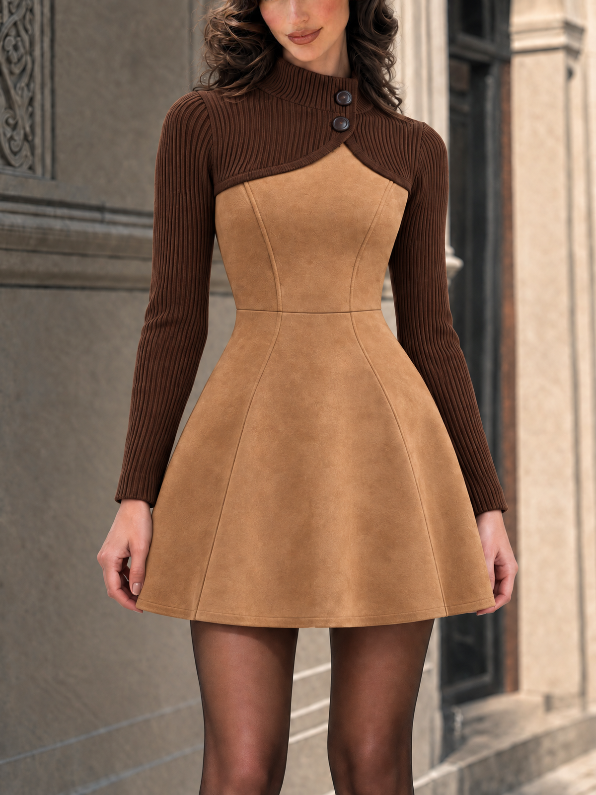 Vintage Knit Faux Suede Panel Mini Dress