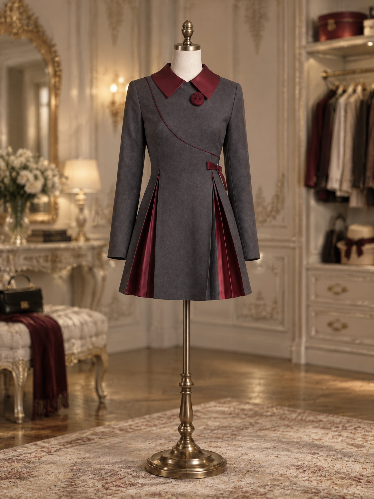 Vintage Contrast Collar Bow Decor Pleated Panel Mini Dress