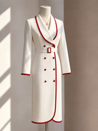 Vintage Red Piped Lapel Belted Double Breasted Midi Dress