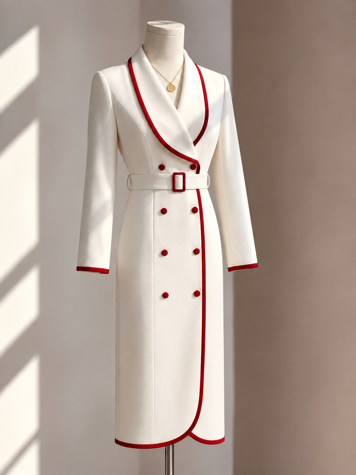 Vintage Red Piped Lapel Belted Double Breasted Midi Dress