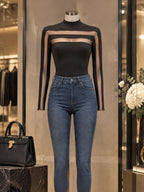 Vintage Mesh-Panel Mock-Neck Cutout Slim Top