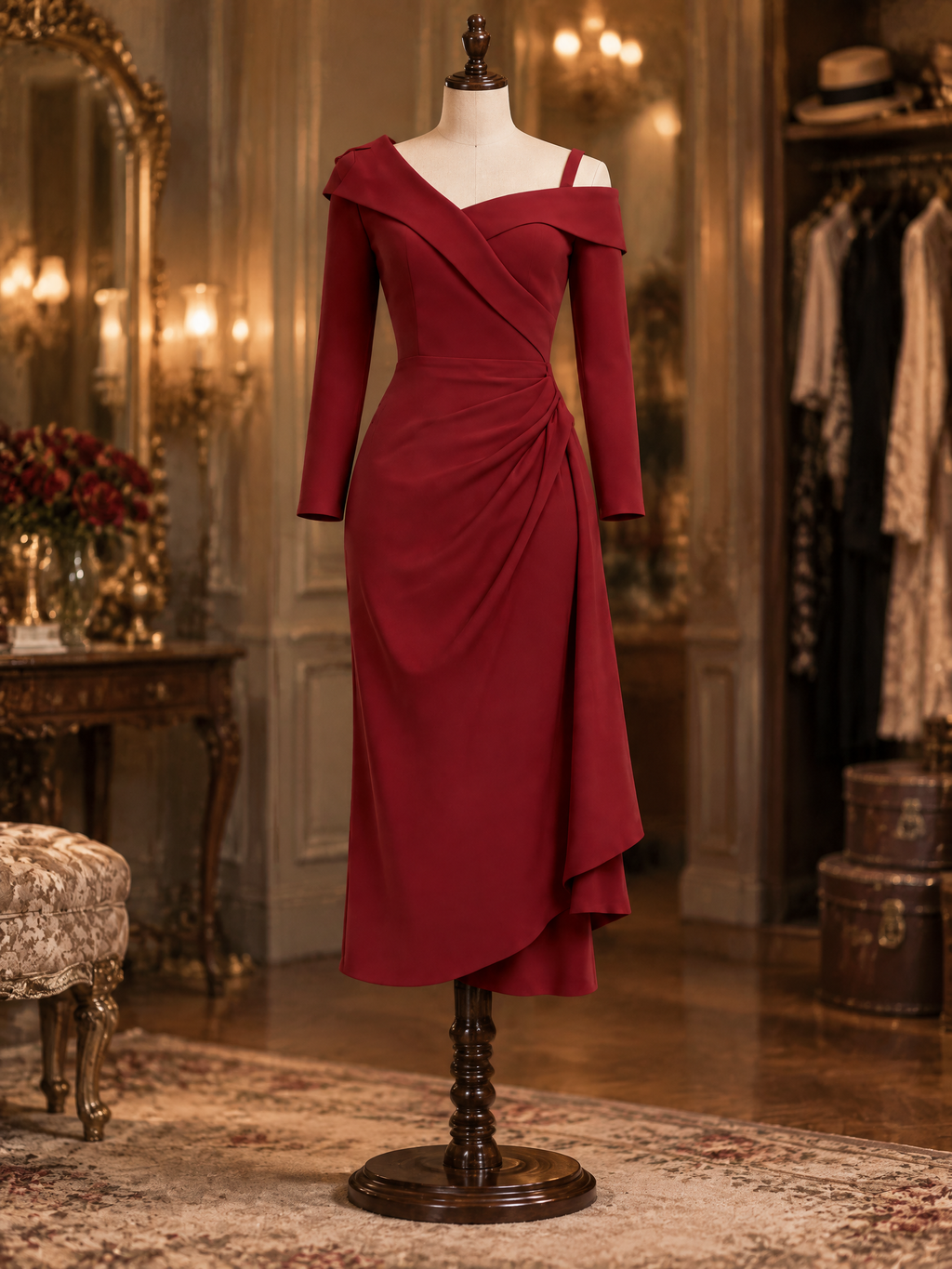 Vintage Asymmetrical Off Shoulder Long Sleeve Ruched Midi Dress