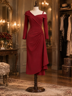 Vintage Asymmetrical Off Shoulder Long Sleeve Ruched Midi Dress