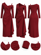 Vintage Asymmetrical Off Shoulder Long Sleeve Ruched Midi Dress