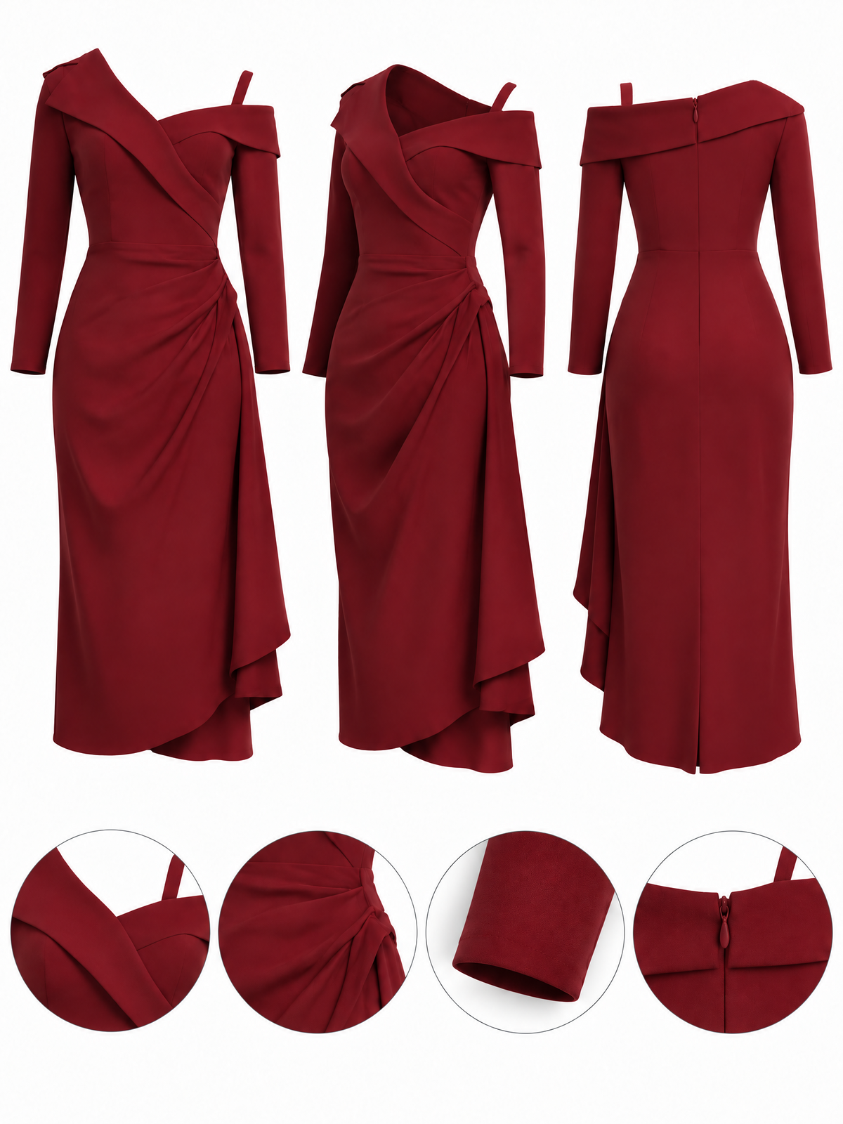 Vintage Asymmetrical Off Shoulder Long Sleeve Ruched Midi Dress