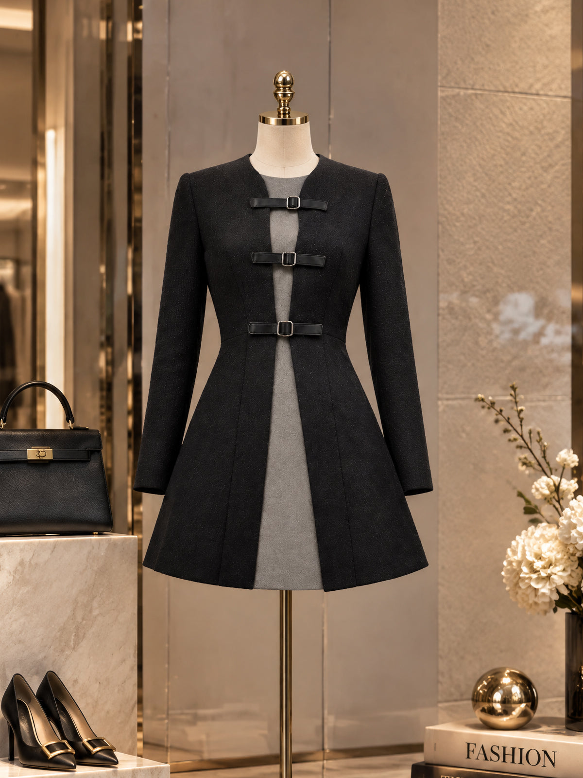 Vintage Buckle-Strap Colorblock Mini Dress