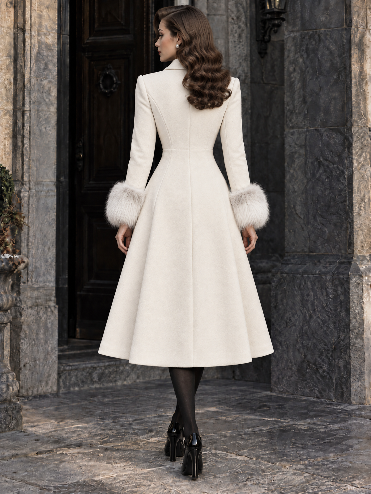 Vintage Faux Fur Lapel Collar And Furry Cuffs Coat
