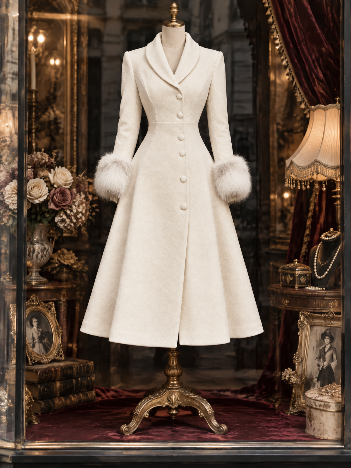 Vintage Faux Fur Lapel Collar And Furry Cuffs Coat