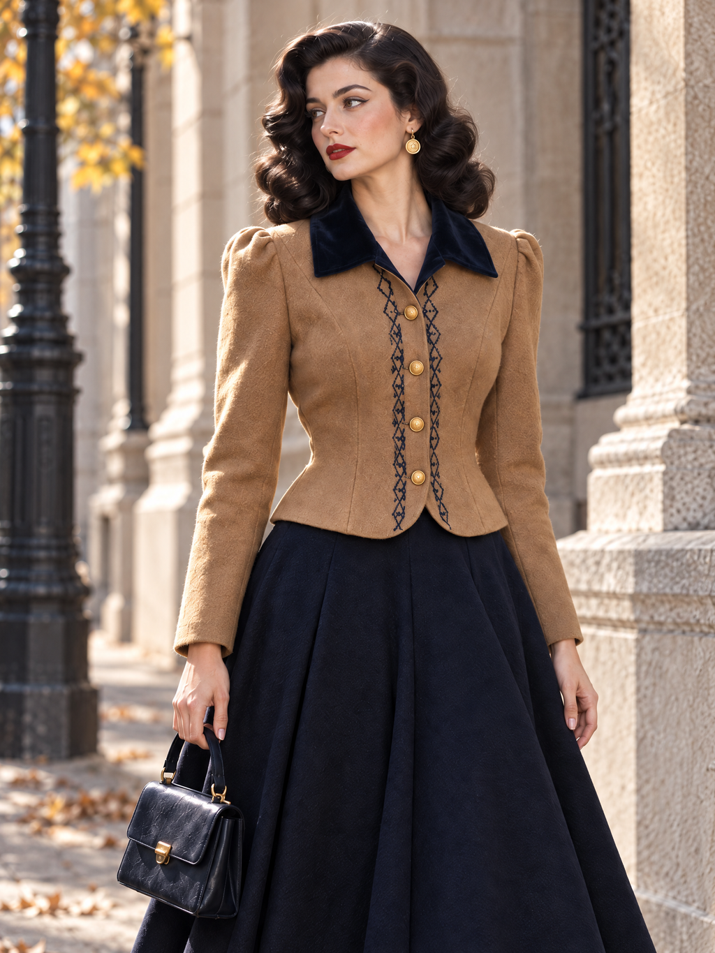 Vintage Embroidered Velvet Lapel Wool Blend Short Coat
