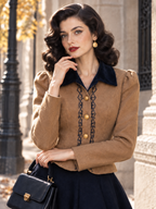 Vintage Embroidered Velvet Lapel Wool Blend Short Coat