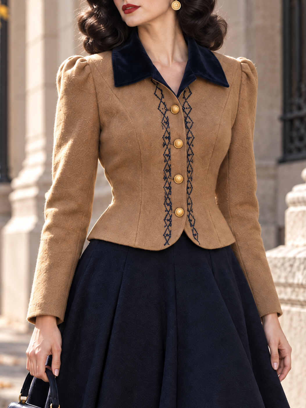 Vintage Embroidered Velvet Lapel Wool Blend Short Coat