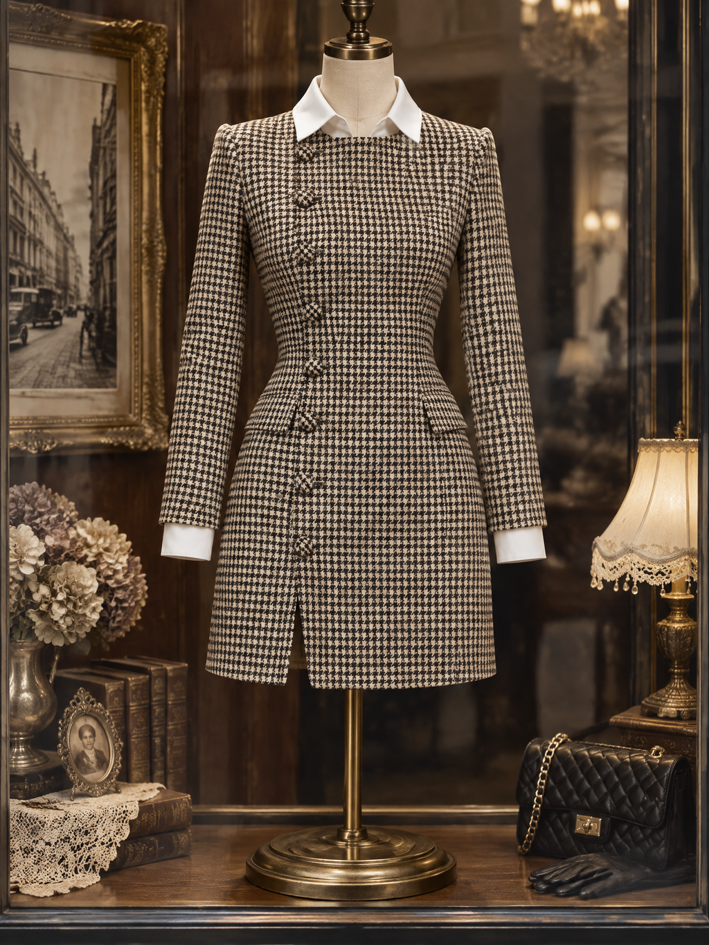 Vintage Houndstooth Wool Faux Two-Piece Mini Dress, Side Placket