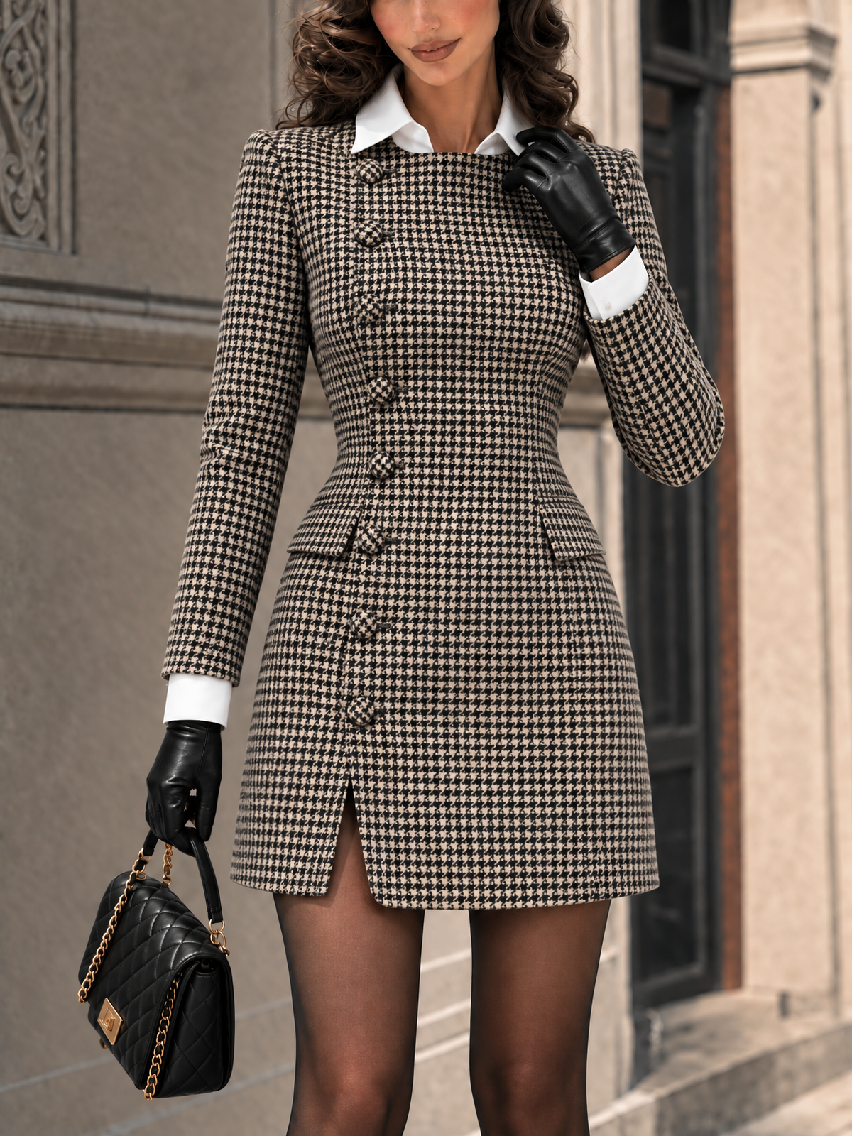 Vintage Houndstooth Wool Faux Two-Piece Mini Dress, Side Placket