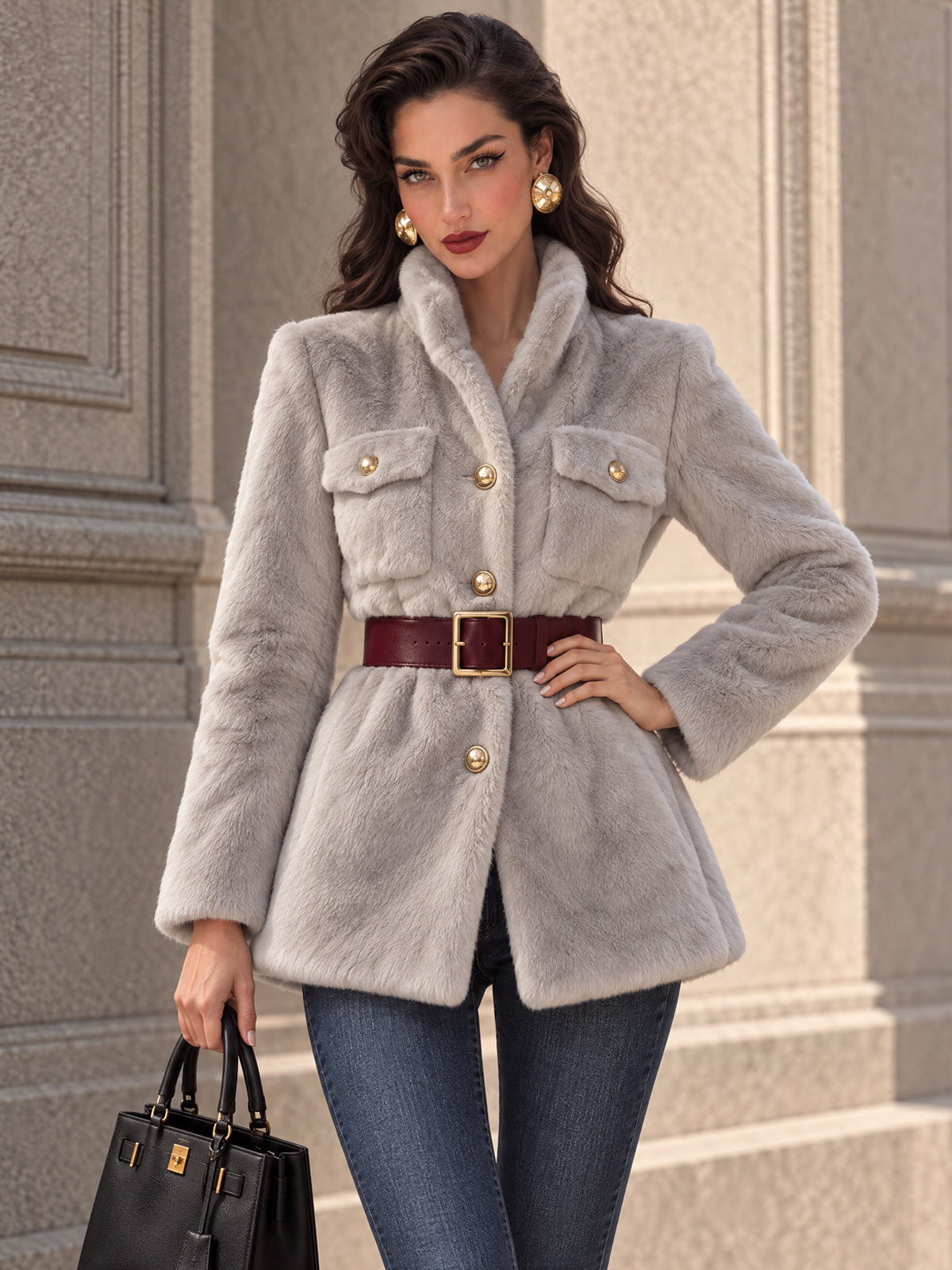 Vintage Gold-Button Belted Faux Fur Jacket