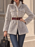 Vintage Gold-Button Belted Faux Fur Jacket