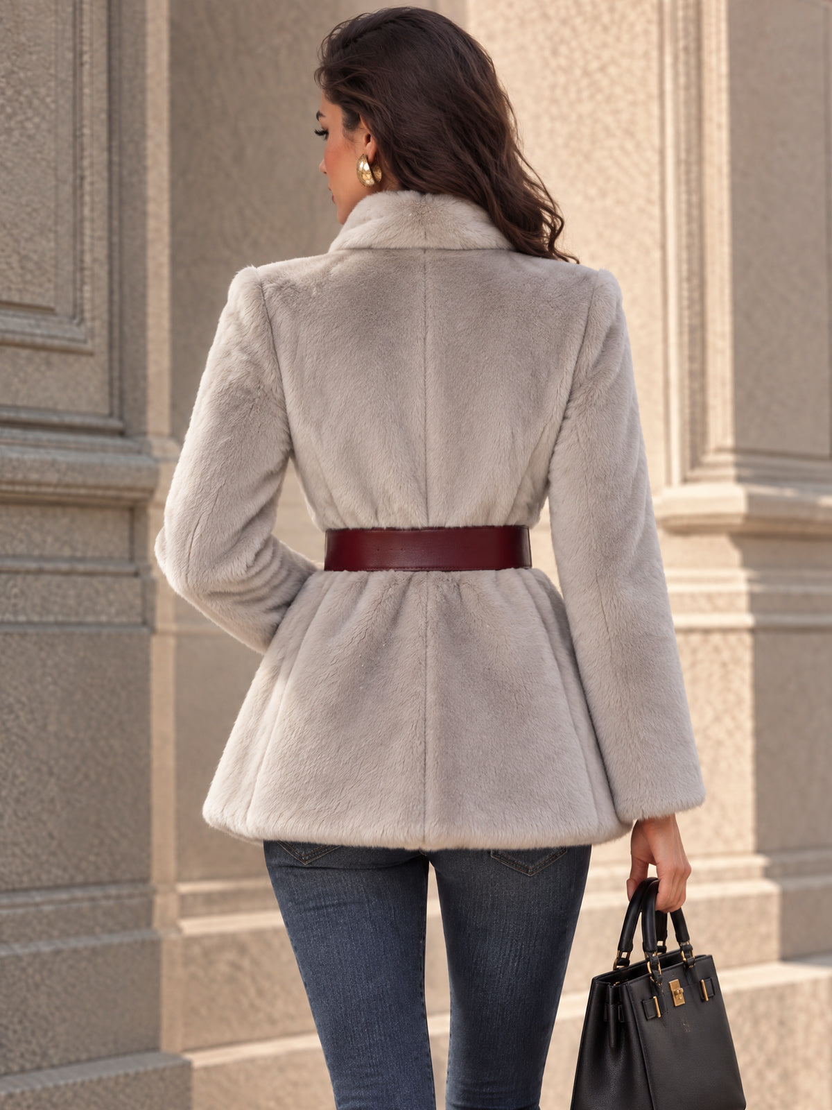 Vintage Gold-Button Belted Faux Fur Jacket