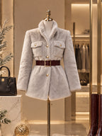 Vintage Gold-Button Belted Faux Fur Jacket