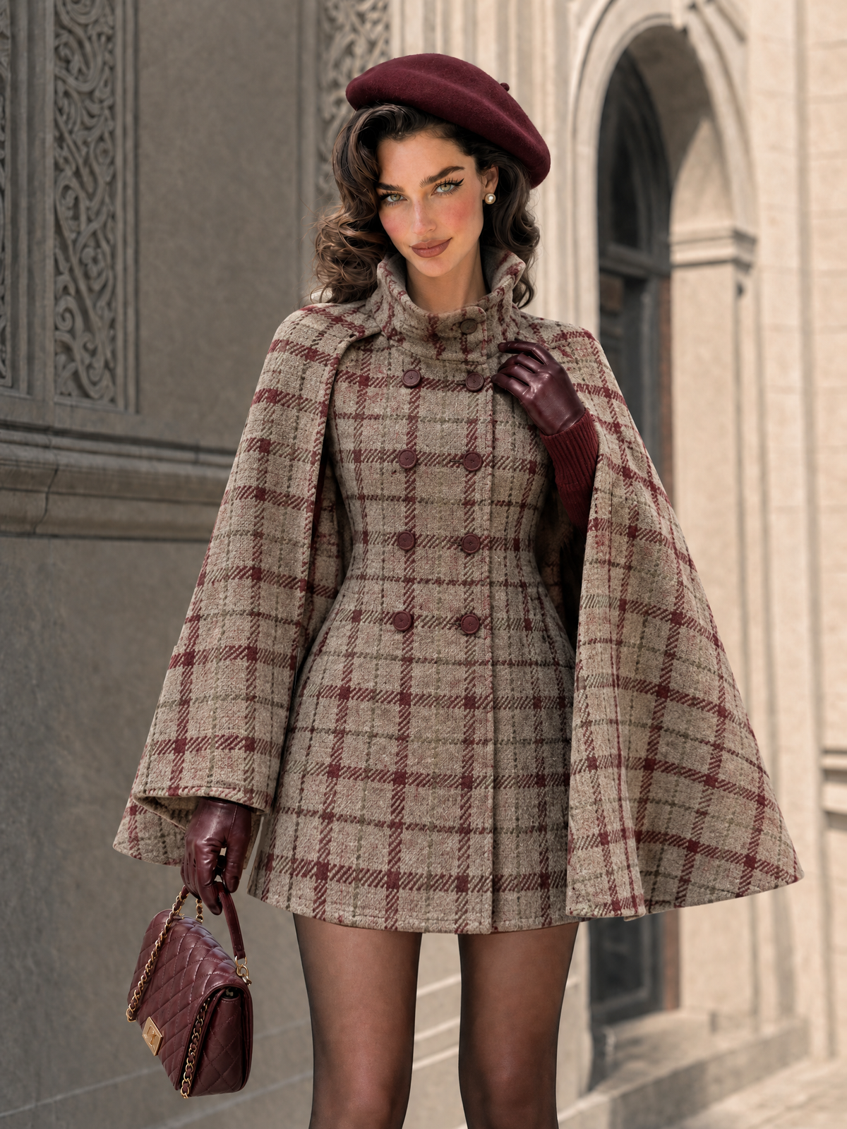 Vintage Plaid Wool Blend Cape Coat