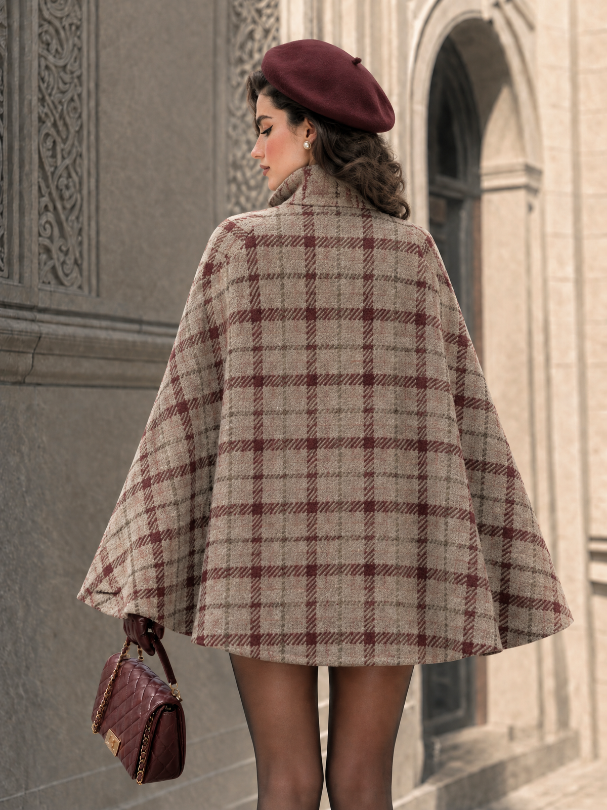 Vintage Plaid Wool Blend Cape Coat