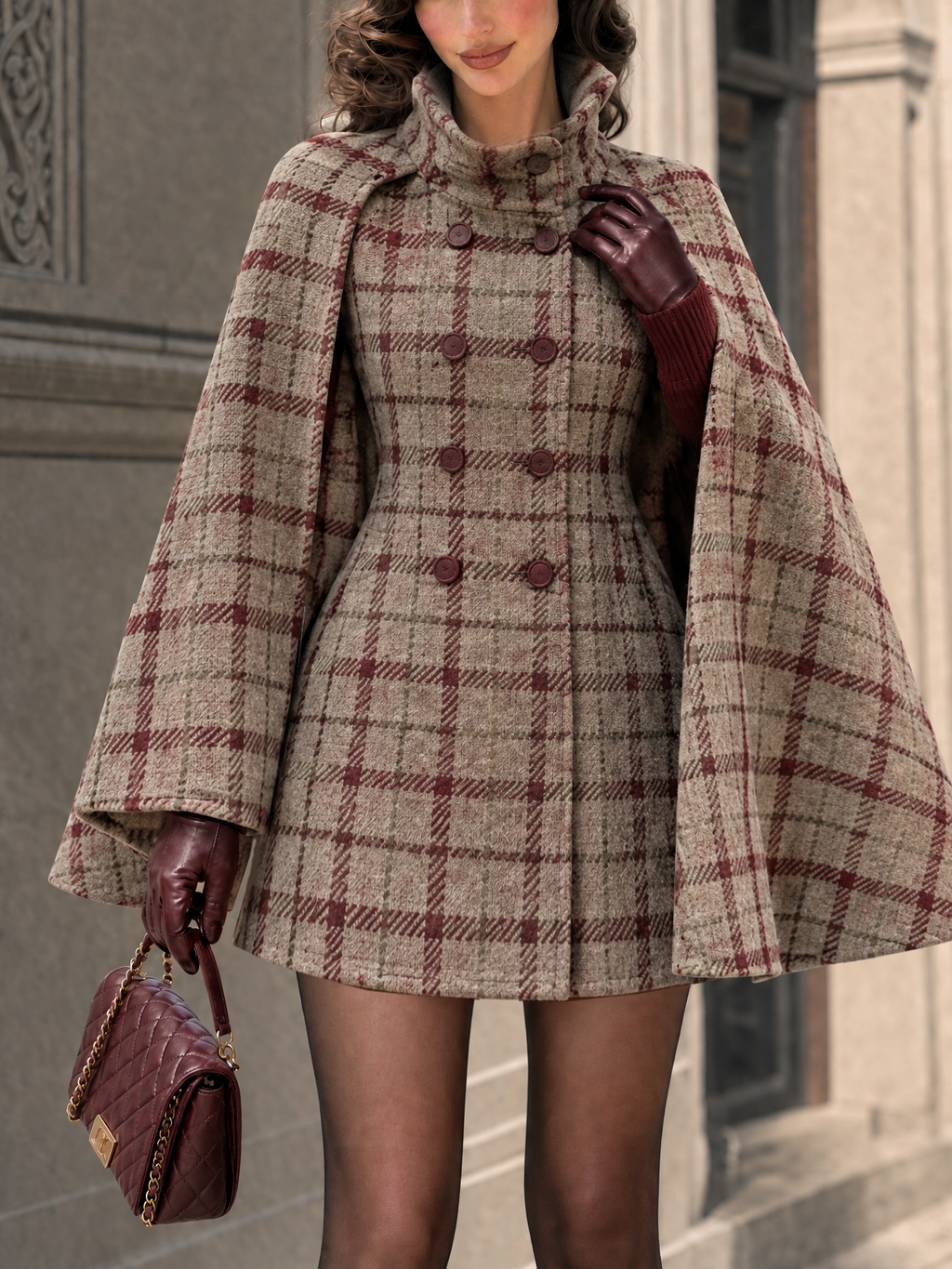 Vintage Plaid Wool Blend Cape Coat
