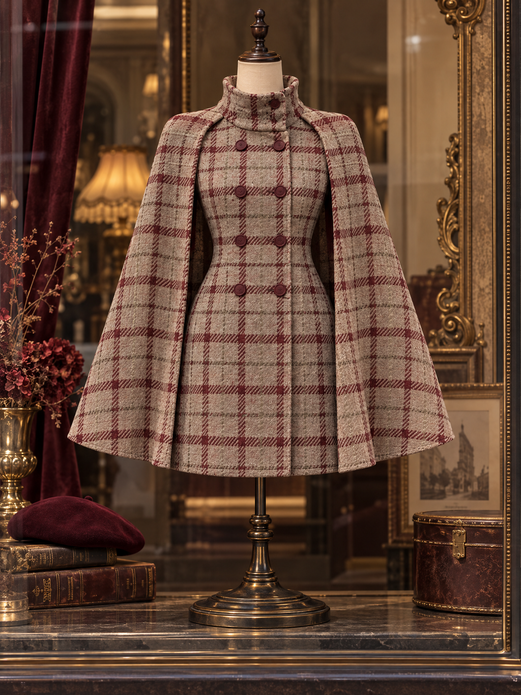 Vintage Plaid Wool Blend Cape Coat