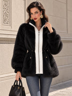 Vintage Contrast-Placket Drawstring Faux Fur Jacket