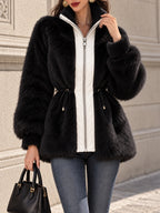 Vintage Contrast-Placket Drawstring Faux Fur Jacket