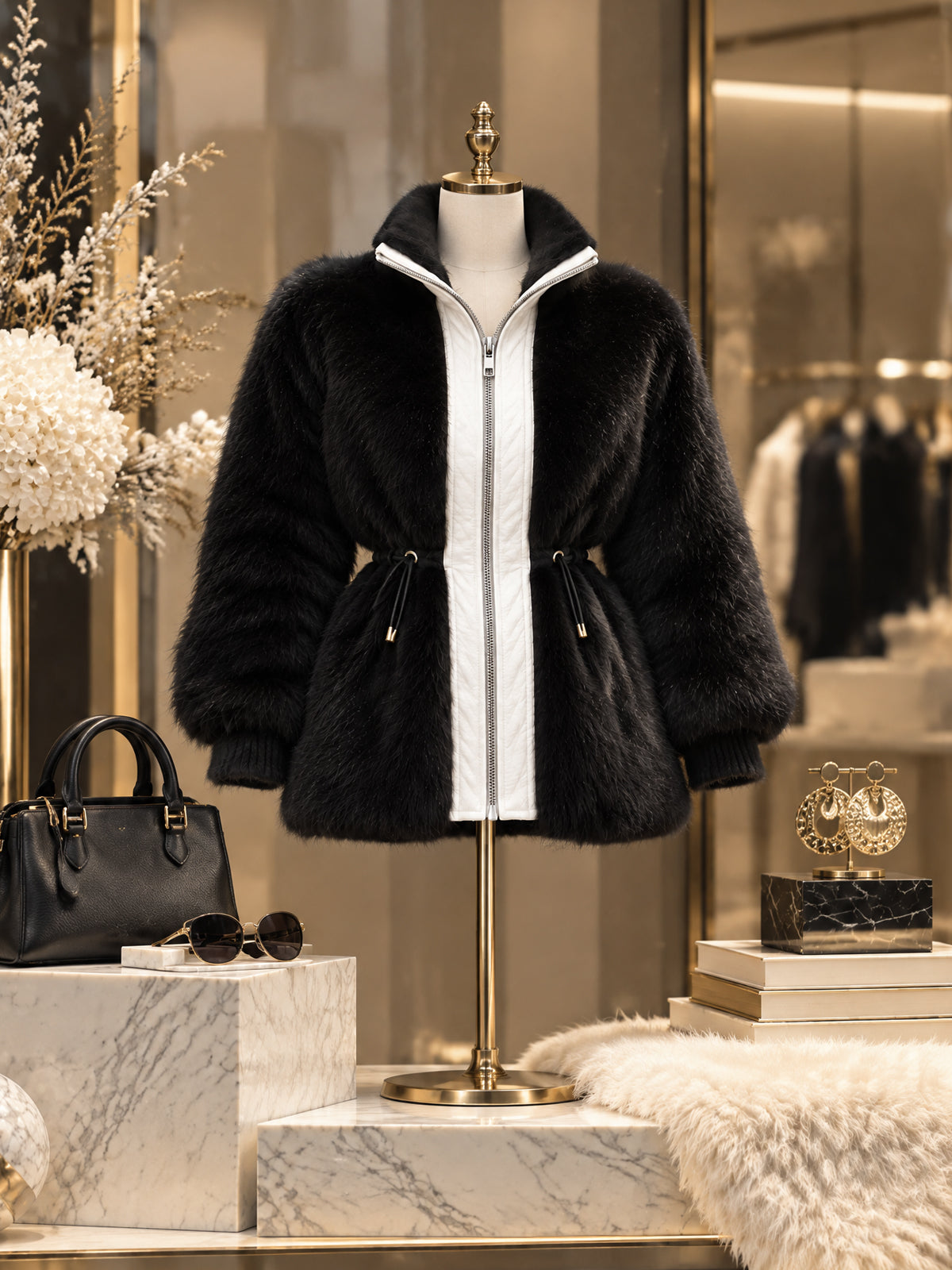 Vintage Contrast-Placket Drawstring Faux Fur Jacket