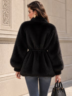 Vintage Contrast-Placket Drawstring Faux Fur Jacket
