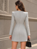 Vintage Pinstripe Flap-Pocket Collarless Mini Dress