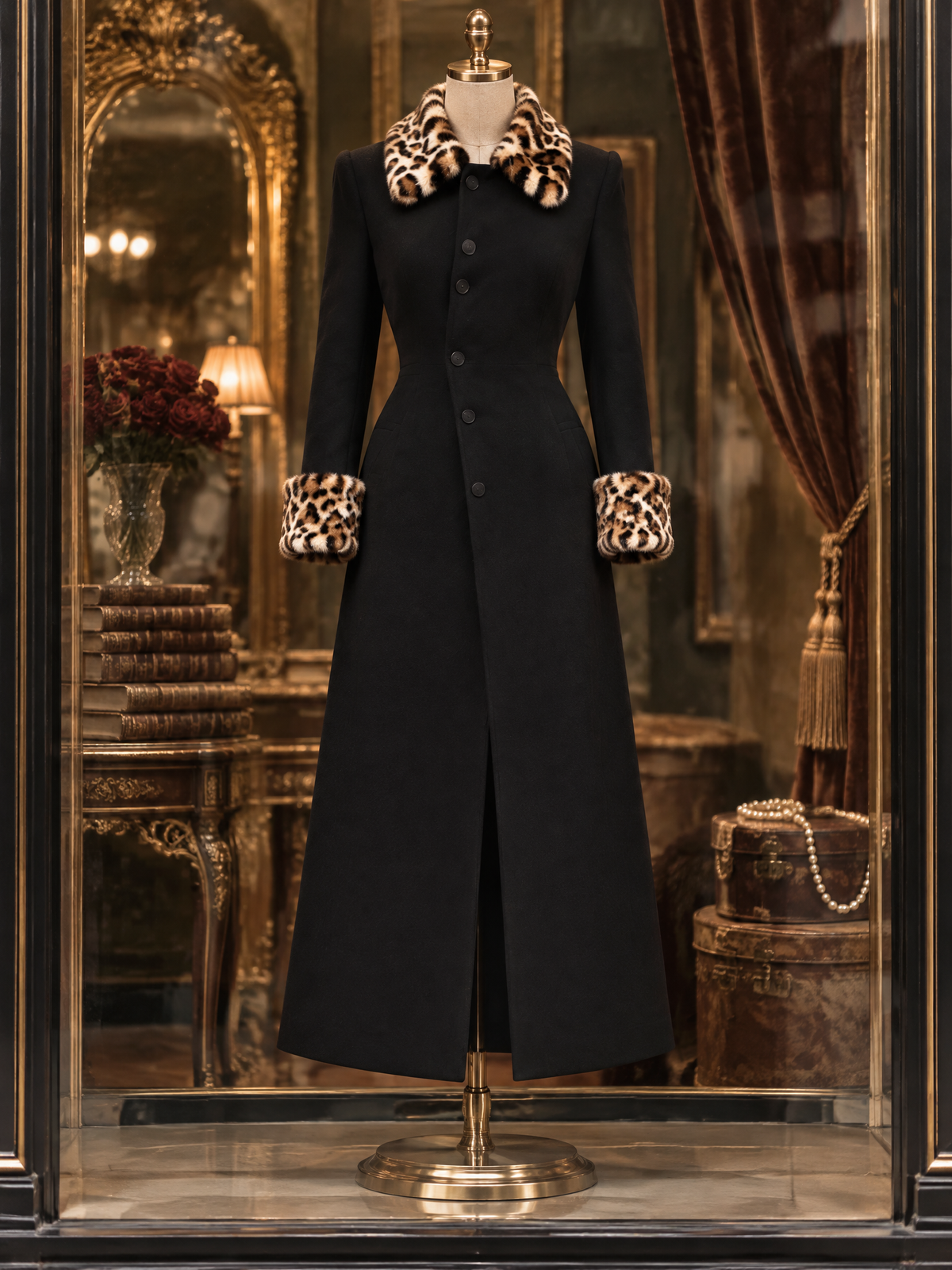 Vintage Leopard Color Block Long Slim Coat
