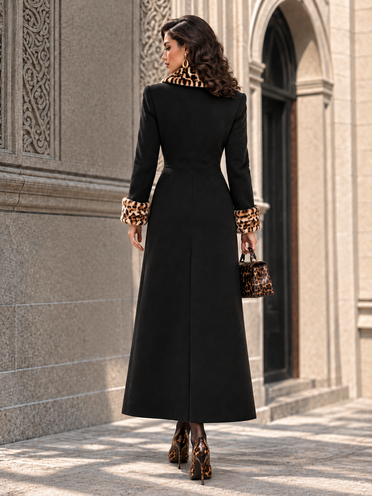 Vintage Leopard Color Block Long Slim Coat