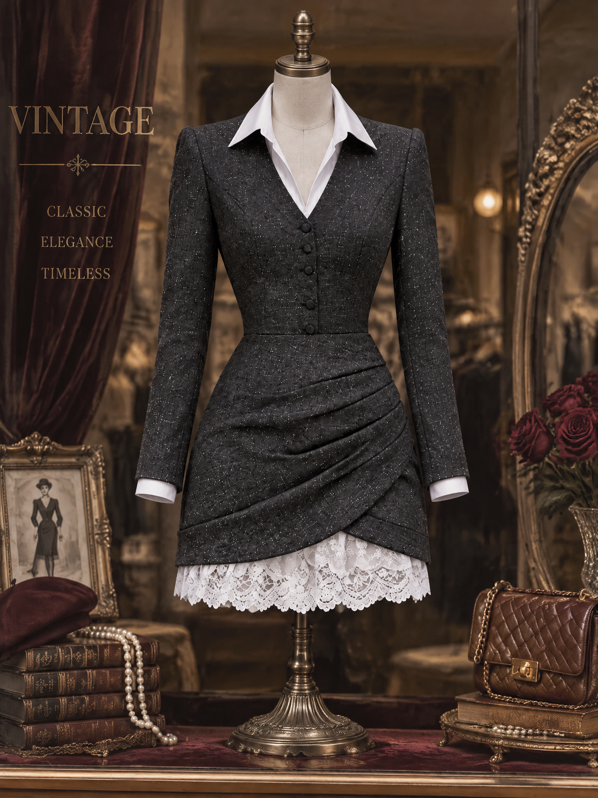 Vintage Silver Thread Asymmetric Pleated Faux Two-Piece Mini Dress