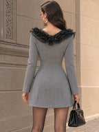 Vintage Organza-Ruffle Plunge Mini Dress