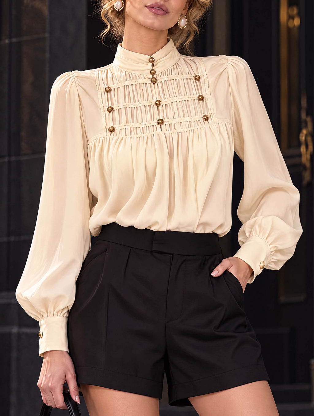 Vintage Stand Collar Smocked Puff Sleeve Blouse Midi